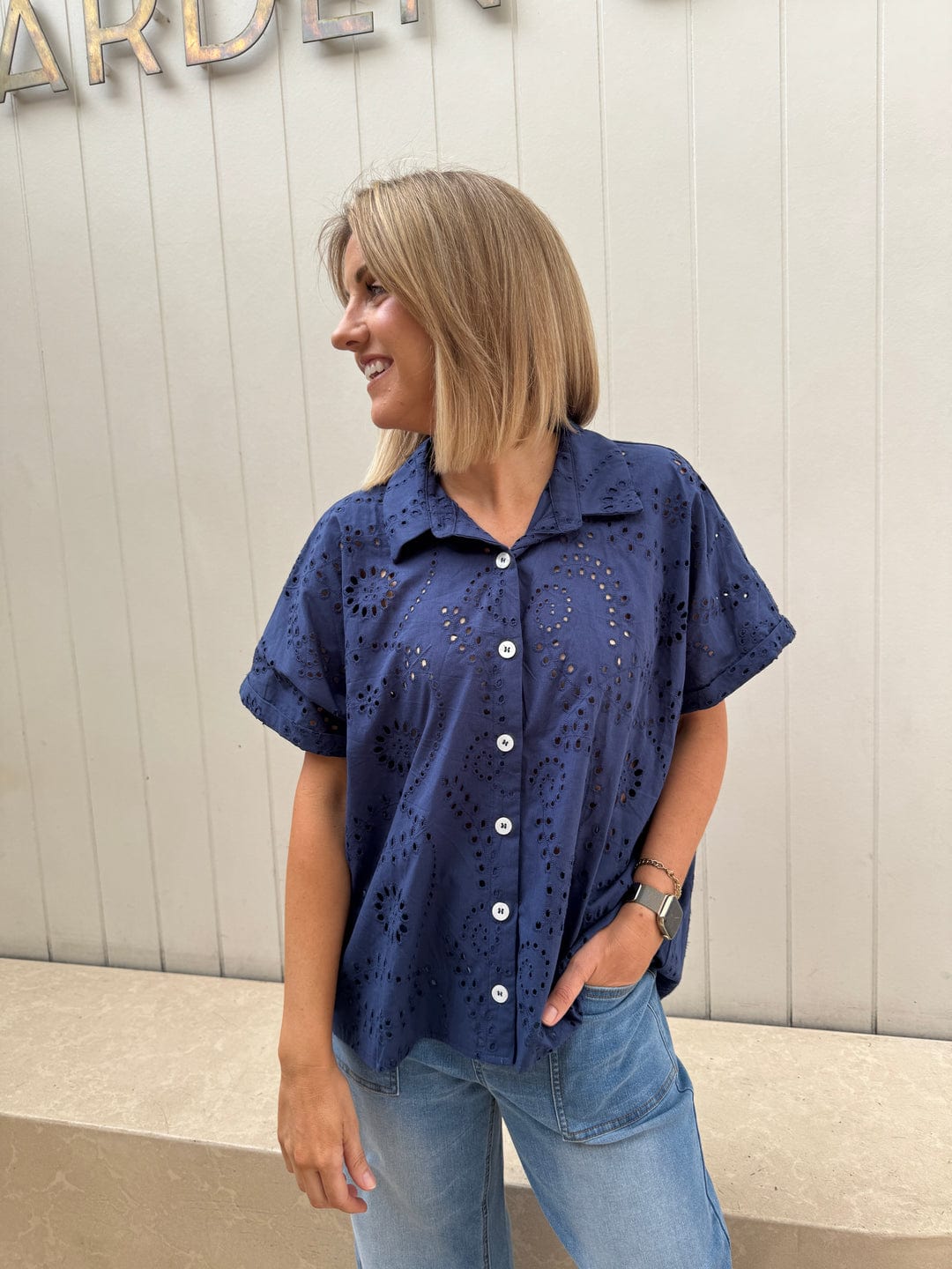 Buy 122215A - Sunnygirl - Broderie Shirt - Navy by Sunny Girl - at Hamish + Grace