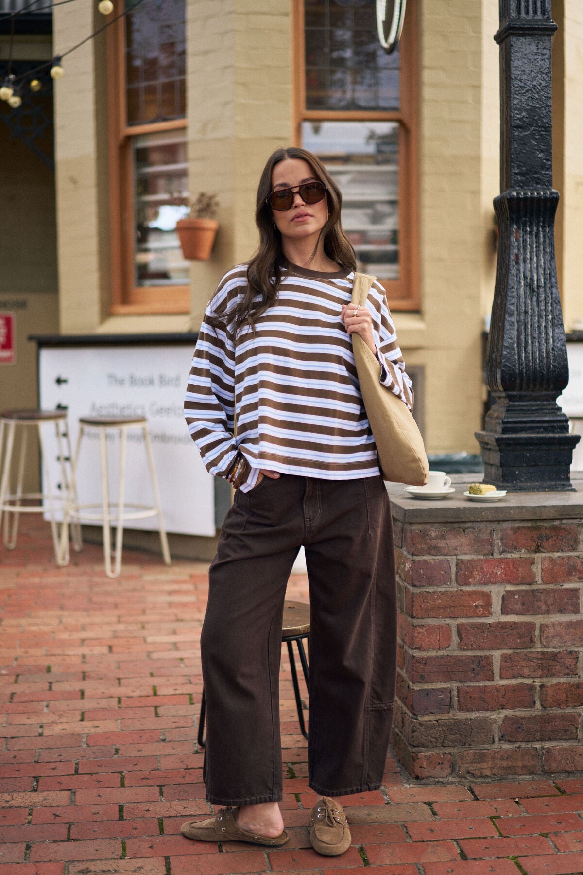 Buy Ceres - Beau Long Sleeve Slouchy Tee - cocoa sky blue stripe by Ceres Life - at Hamish + Grace