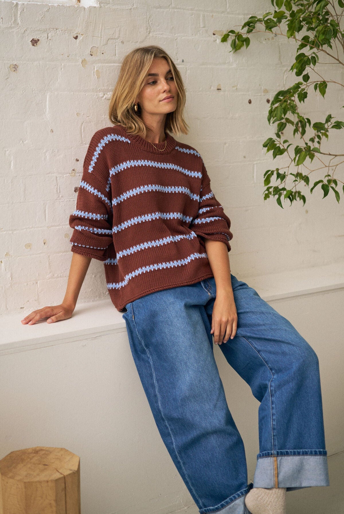 Buy Ceres Life - Lila Oversized Knit Crew - burnt toffee stripe by Ceres Life - at Hamish + Grace