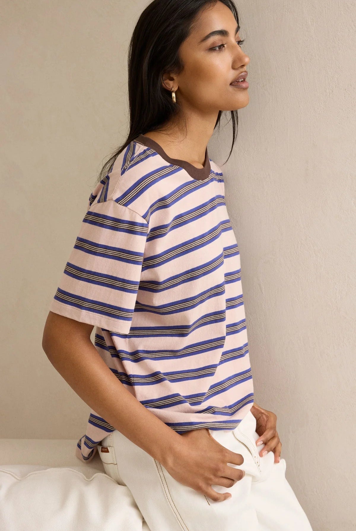 Buy Ceres Life - Stevie Slouchy Tee - chalk pink/polo blue/choc stripe by Ceres Life - at Hamish + Grace