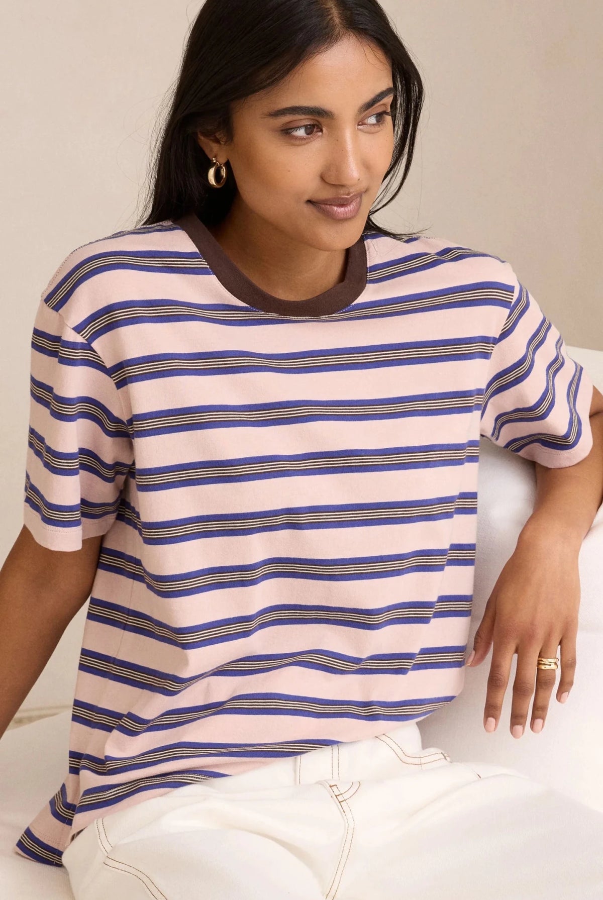 Buy Ceres Life - Stevie Slouchy Tee - chalk pink/polo blue/choc stripe by Ceres Life - at Hamish + Grace