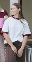 Buy Feather & Noise - Ringer Graphic Tee - White and Maroon by Hamish + Grace - at Hamish + Grace
