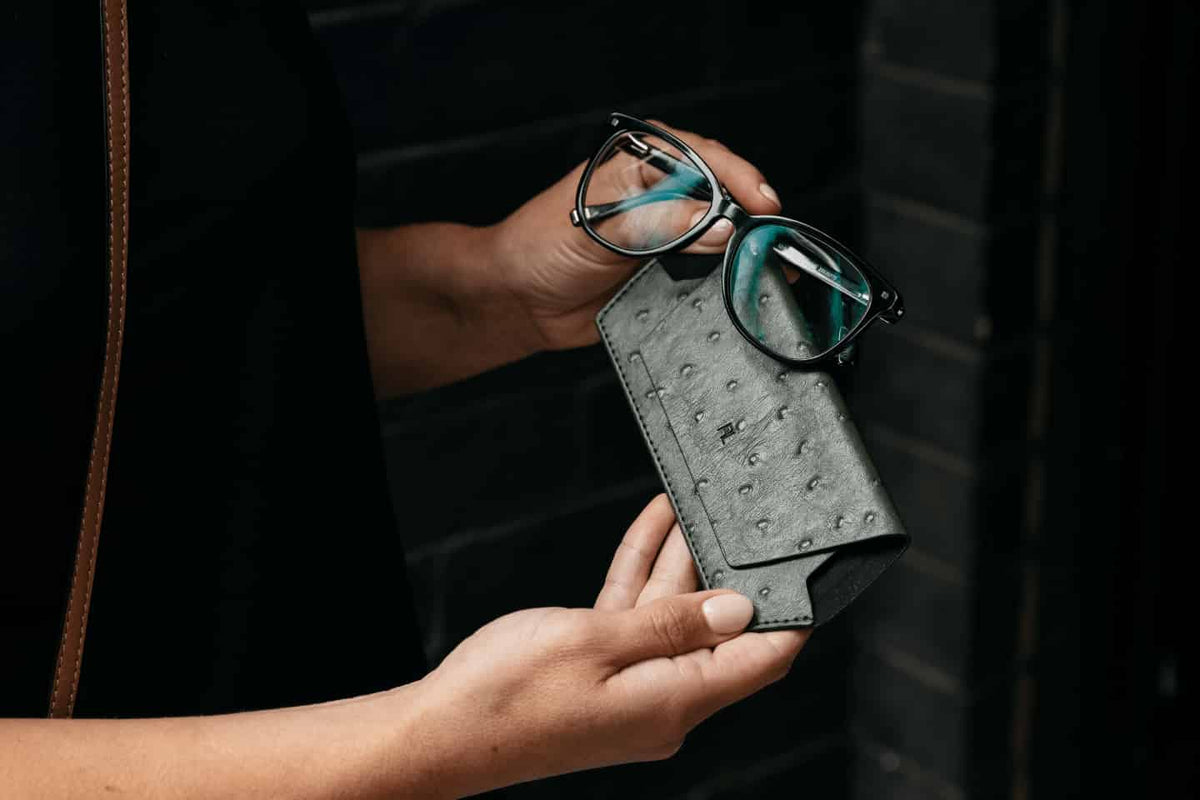 Buy Fox and Leo glasses case Ostrich print - Olive by FOX AND LEO - at Hamish + Grace
