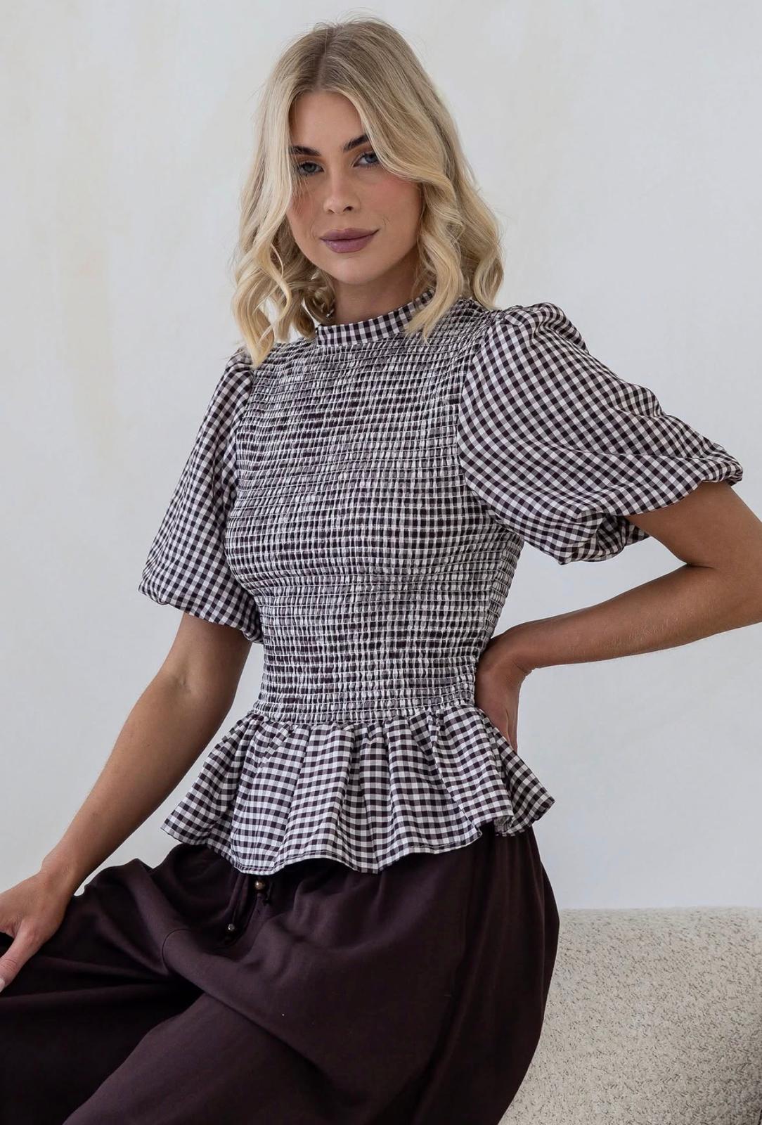 Buy Gingham Balloon Sleeve Top - Black by Smaibulin - at Hamish + Grace