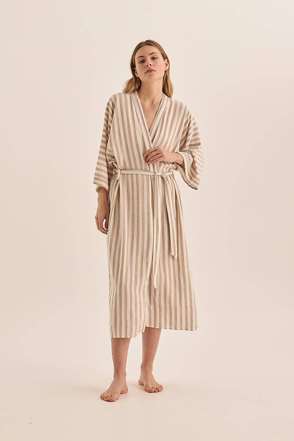 Buy Linen Stripe Robe - Sunny Natural: Neutral / L by Gingerlilly - at Hamish + Grace