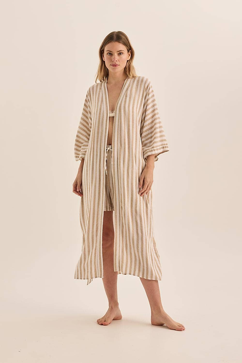 Buy Linen Stripe Robe - Sunny Natural: Neutral / L by Gingerlilly - at Hamish + Grace