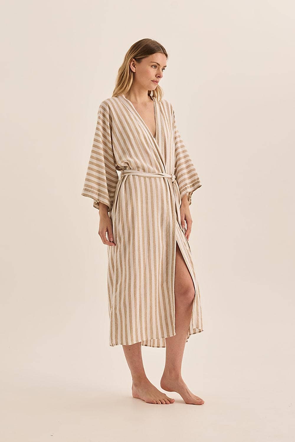 Buy Linen Stripe Robe - Sunny Natural: Neutral / M by Gingerlilly - at Hamish + Grace