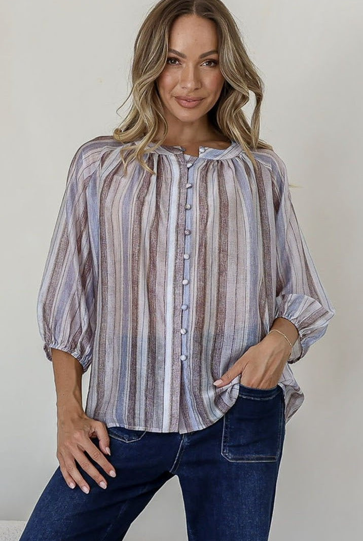 Buy Linen/Tencel Malta Top - Blue/Choc by 132 Fashion - at Hamish + Grace