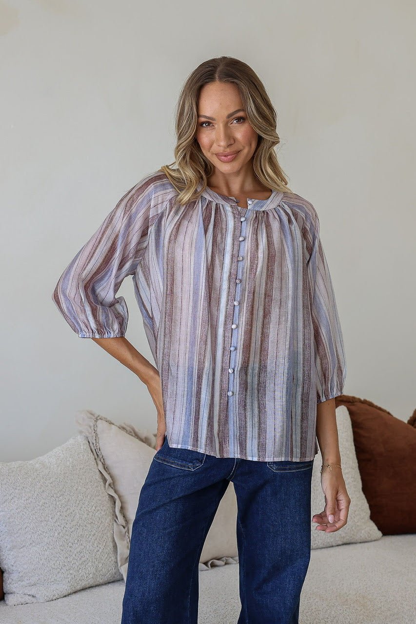 Buy Linen/Tencel Malta Top - Blue/Choc by 132 Fashion - at Hamish + Grace