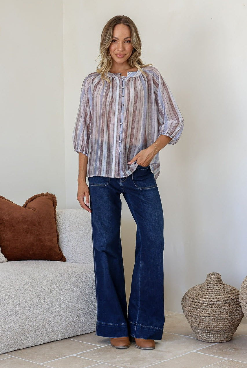 Buy Linen/Tencel Malta Top - Blue/Choc by 132 Fashion - at Hamish + Grace
