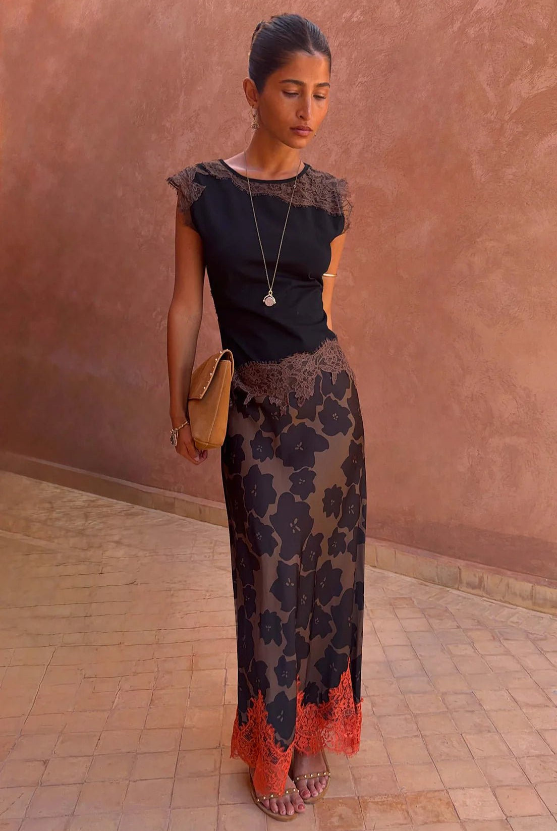 Buy Never Fully Dressed - Tan Jaden Floral Midi Meava Skirt by Never Fully Dressed - at Hamish + Grace