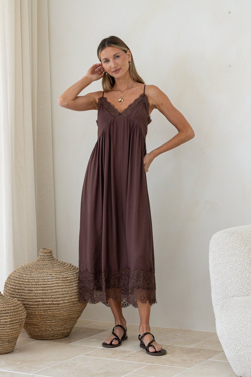 Buy St Germain - Lace Trim Cotton Adjustable Strap Dress - Chocolate by St Germain - at Hamish + Grace