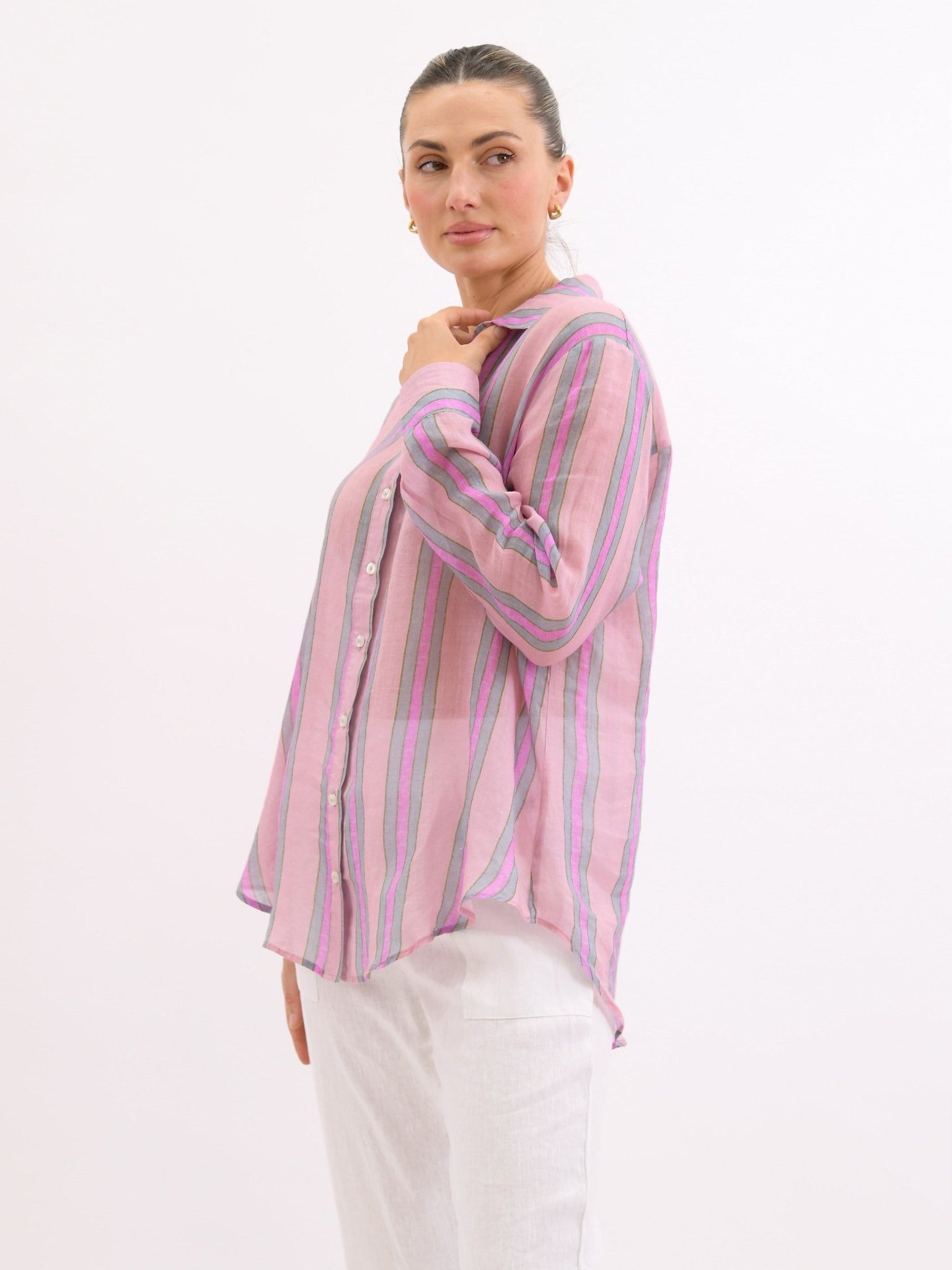 Buy Worthier The Label - Pink Stripe Linen Shirt by Worthier - at Hamish + Grace