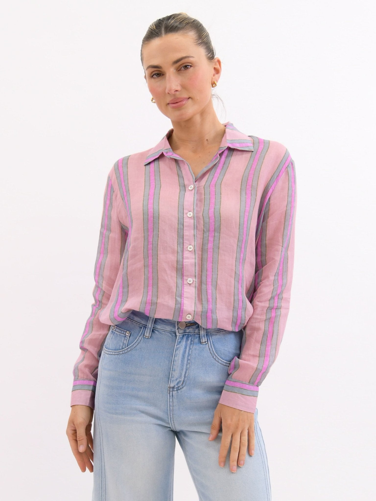 Buy Worthier The Label - Pink Stripe Linen Shirt by Worthier - at Hamish + Grace