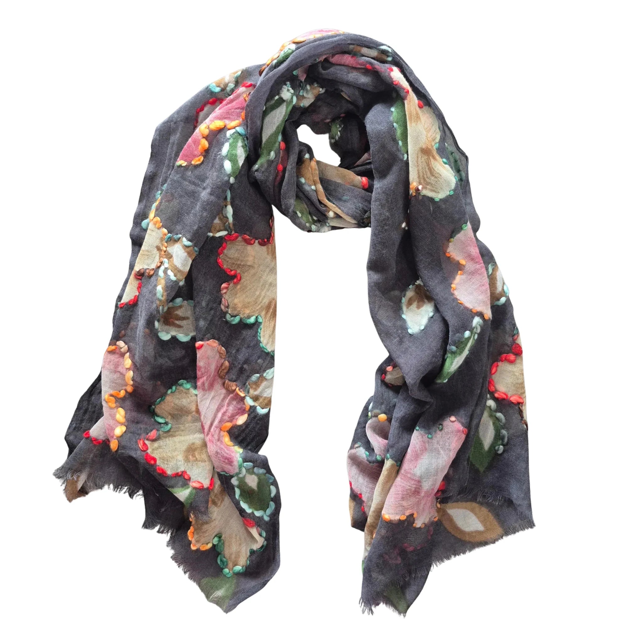 Buy Zoda | Midnight Floral Hand Embroidered 100% Wool Scarf by Zoda - at Hamish + Grace