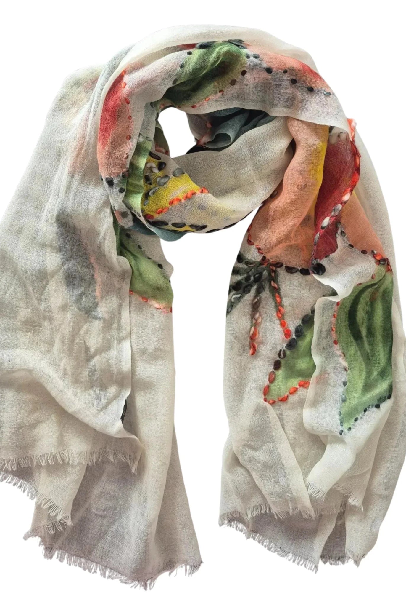 Buy Zoda | White Floral Hand Embroidered 100% Wool Scarf by Zoda - at Hamish + Grace