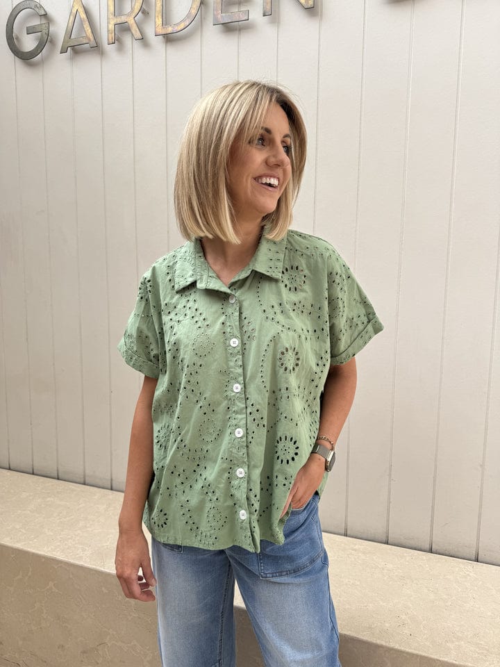 Buy 122215A - Sunnygirl - Broderie Shirt - Green by Sunny Girl - at Hamish + Grace