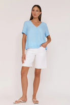 Buy Adorne - Amaia Cupro V Neck Top (Blue) by Adorne - at Hamish & Grace