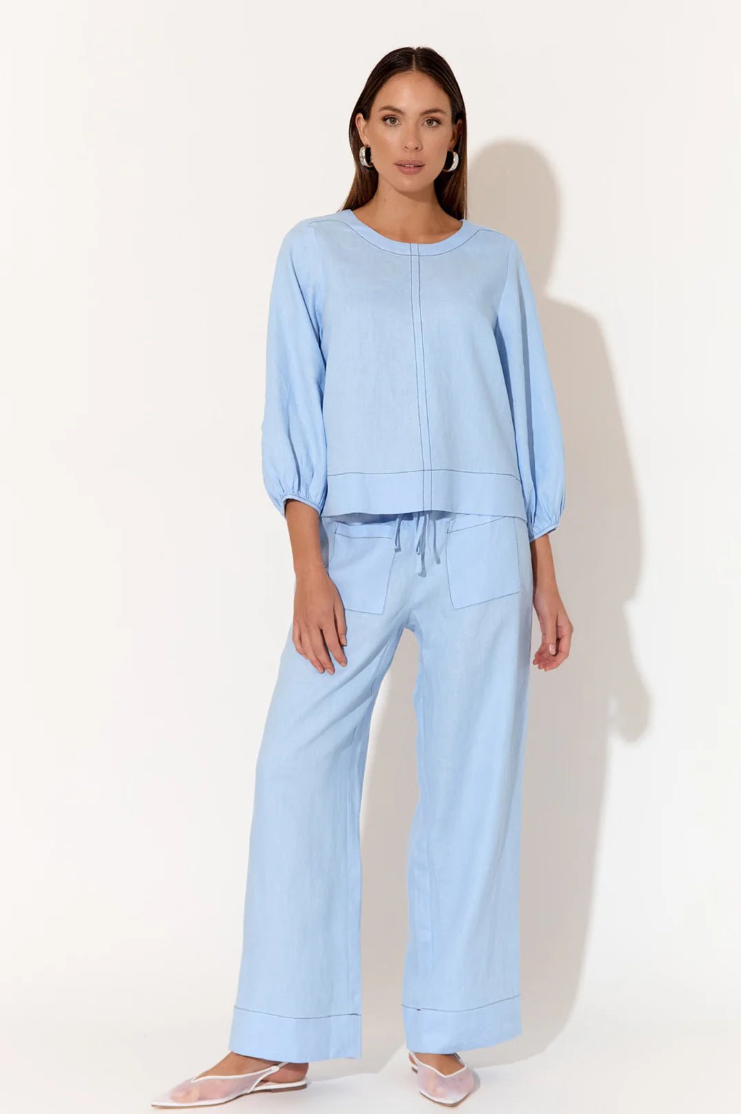 Buy Adorne - June Contrast Stitch Linen Pant (Blue) by Adorne - at Hamish & Grace