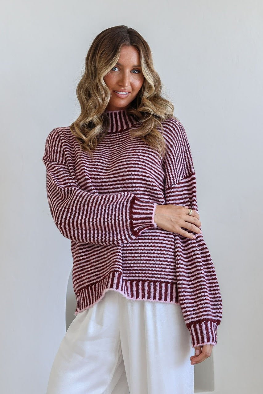 Buy Billie Stripe Knit - Wine by Miss Marlow - at Hamish + Grace