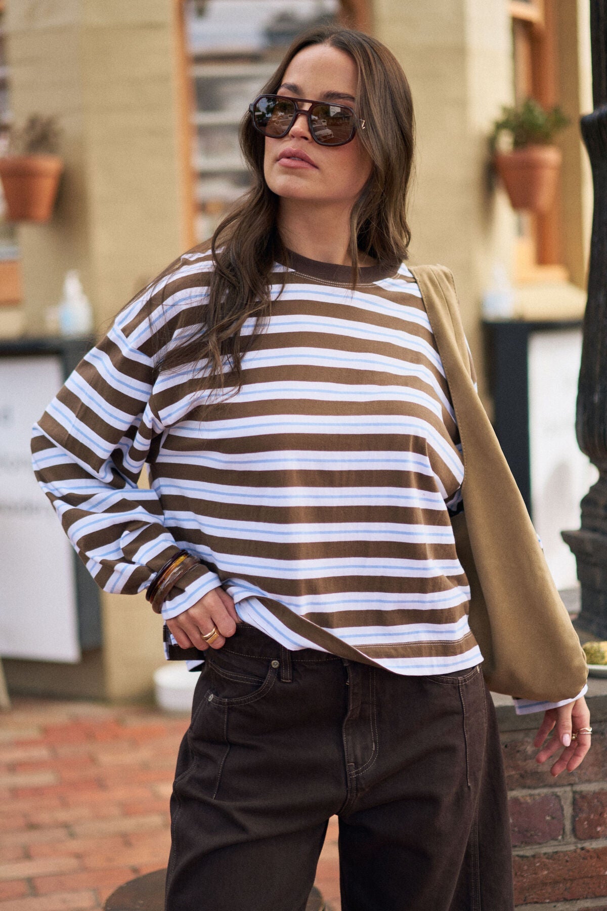Buy Ceres - Beau Long Sleeve Slouchy Tee - cocoa sky blue stripe by Ceres Life - at Hamish + Grace