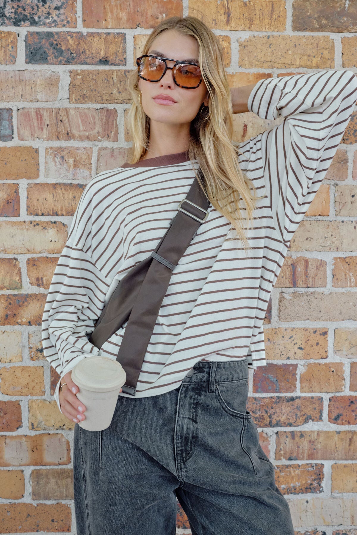 Buy Ceres - Beau Long Sleeve Slouchy Tee - Milk/Brunette Stripe by Ceres Life - at Hamish + Grace