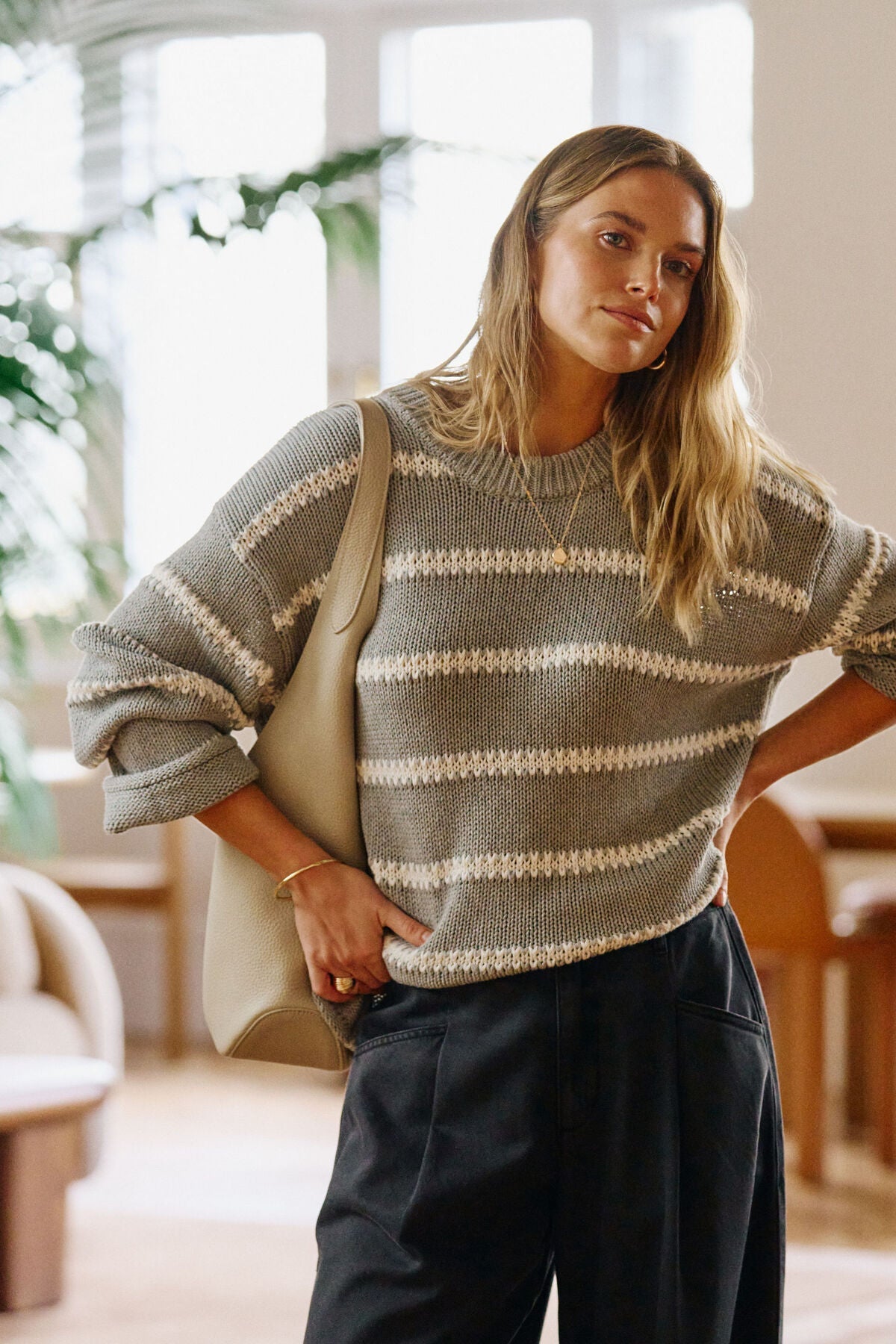 Buy Ceres Life - Lila Oversized Knit Crew - grey marle stripe by Ceres Life - at Hamish + Grace