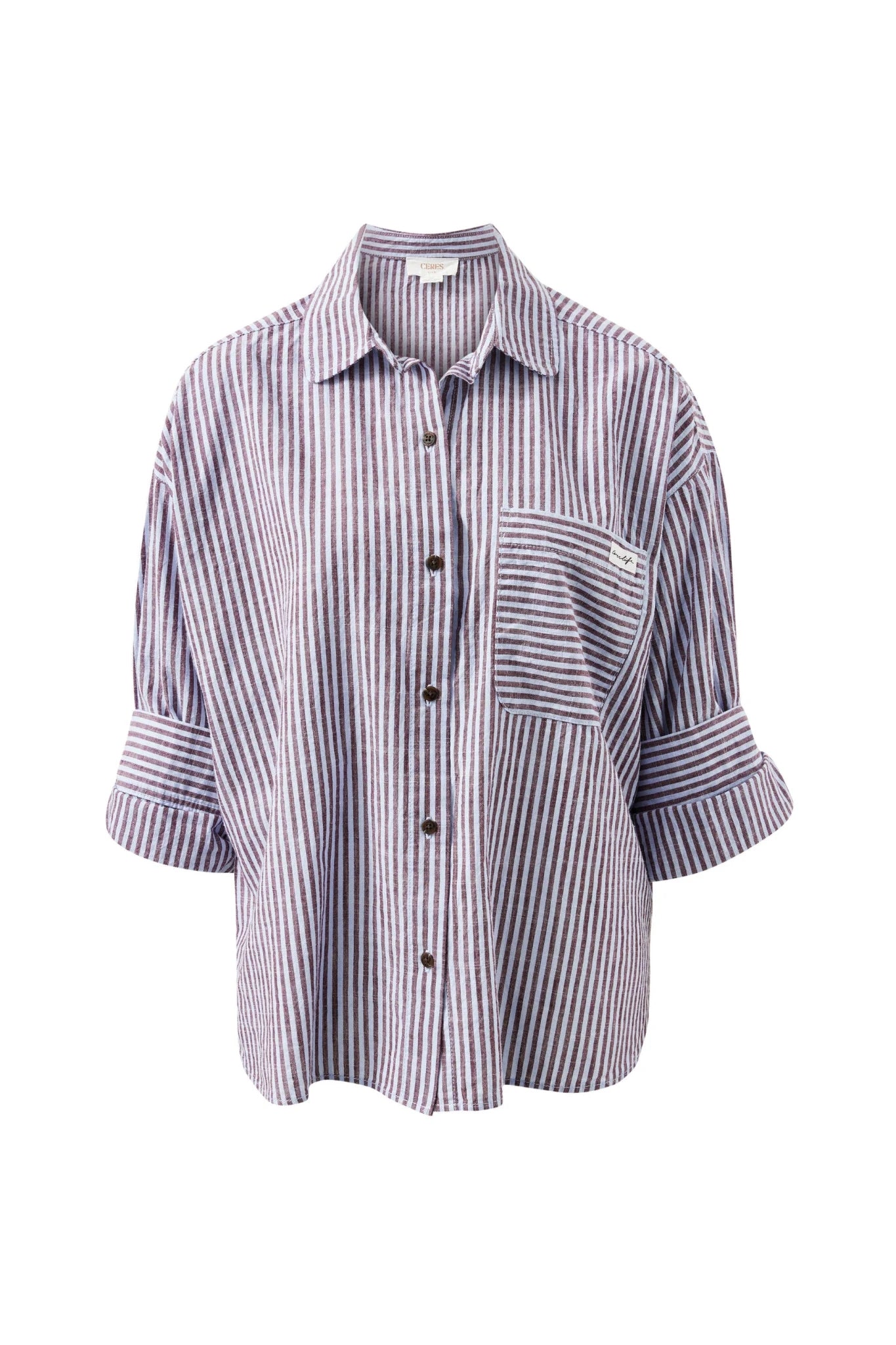 Buy Ceres Life - Miya Shirt - burgundy blue small stripe by Ceres Life - at Hamish + Grace