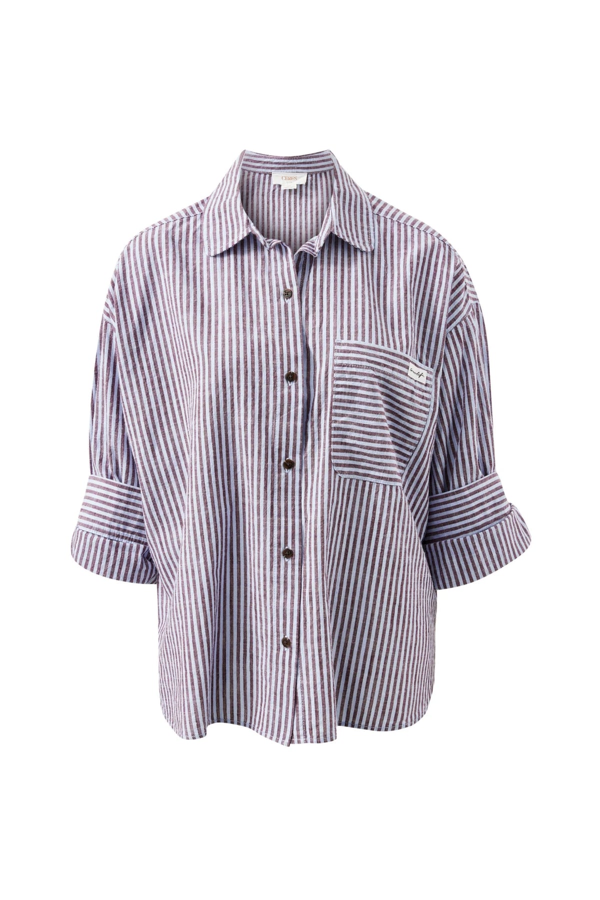 Buy Ceres Life - Miya Shirt - burgundy blue small stripe by Ceres Life - at Hamish + Grace
