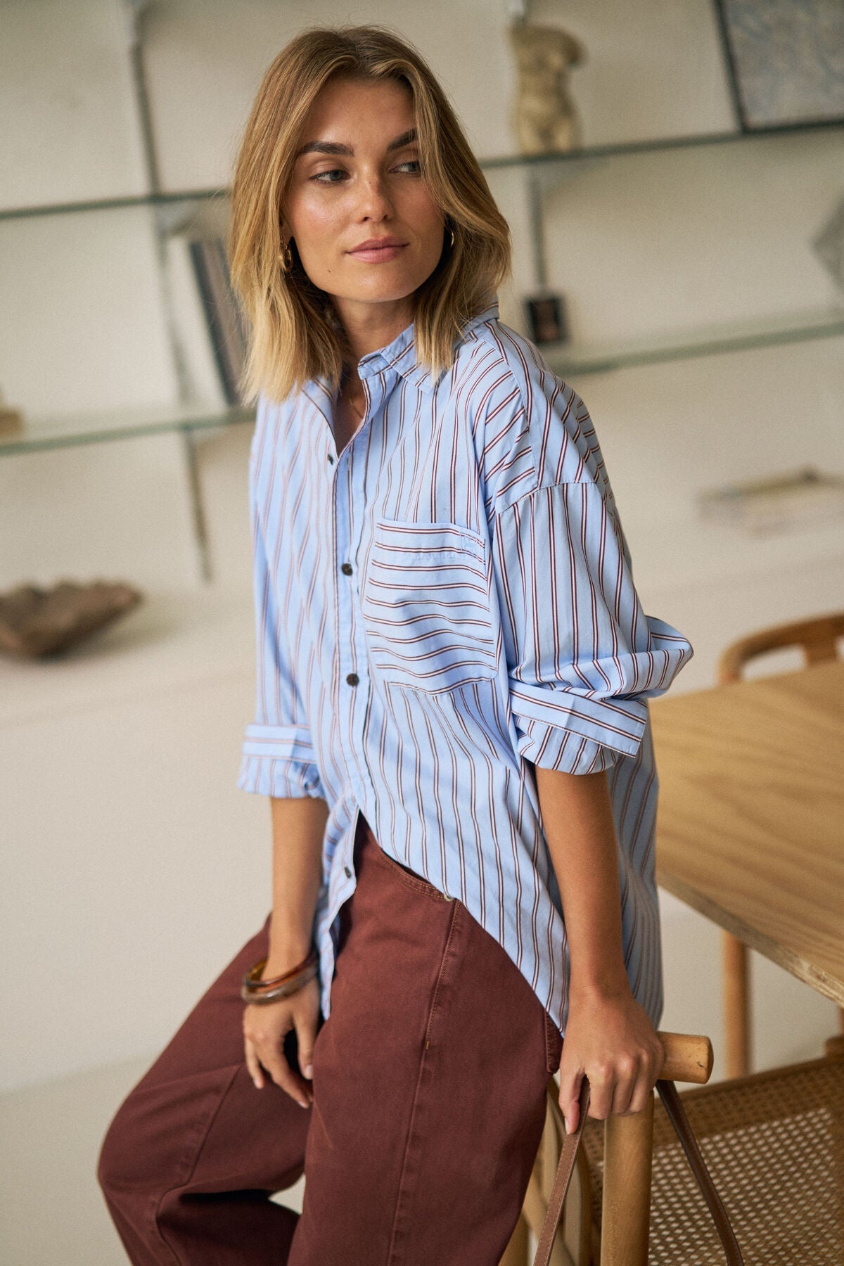 Buy Ceres Life - Peta Oversized Shirt - Sky Blue Burgundy Stripe by Ceres Life - at Hamish + Grace