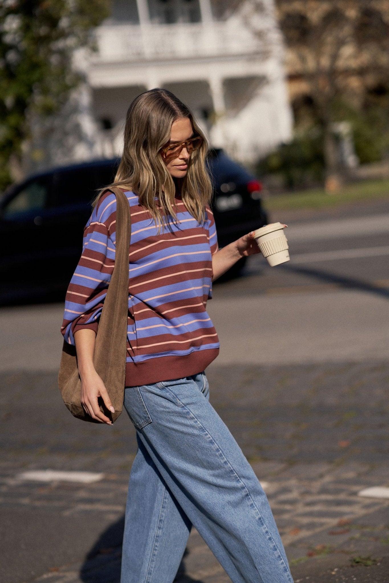 Buy Ceres Life - Romy Crew - vintage blue pink clay burnt toffee stripe by Ceres Life - at Hamish + Grace