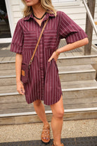 Buy Ceres Life - Sara Mini Dress - Wine Printed Pinstripe by Ceres Life - at Hamish + Grace