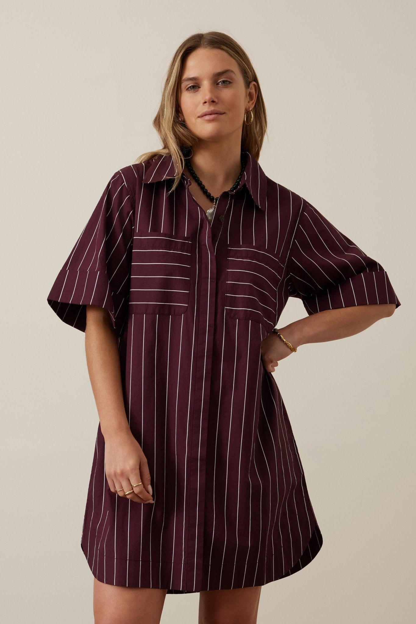 Buy Ceres Life - Sara Mini Dress - Wine Printed Pinstripe by Ceres Life - at Hamish + Grace