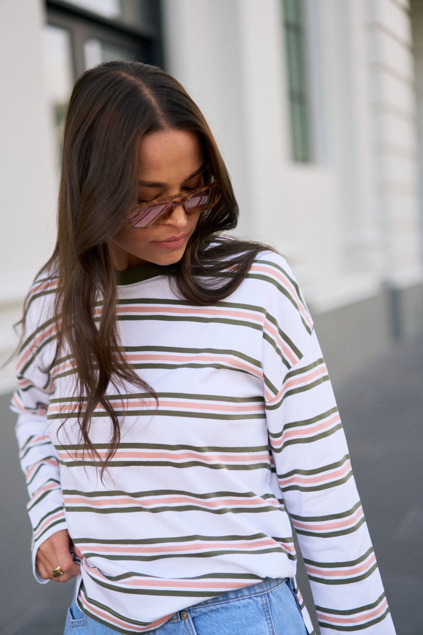 Buy Ceres Life - Scout Slouchy Long Sleeve Tee - white/washed olive stripe by Ceres Life - at Hamish + Grace