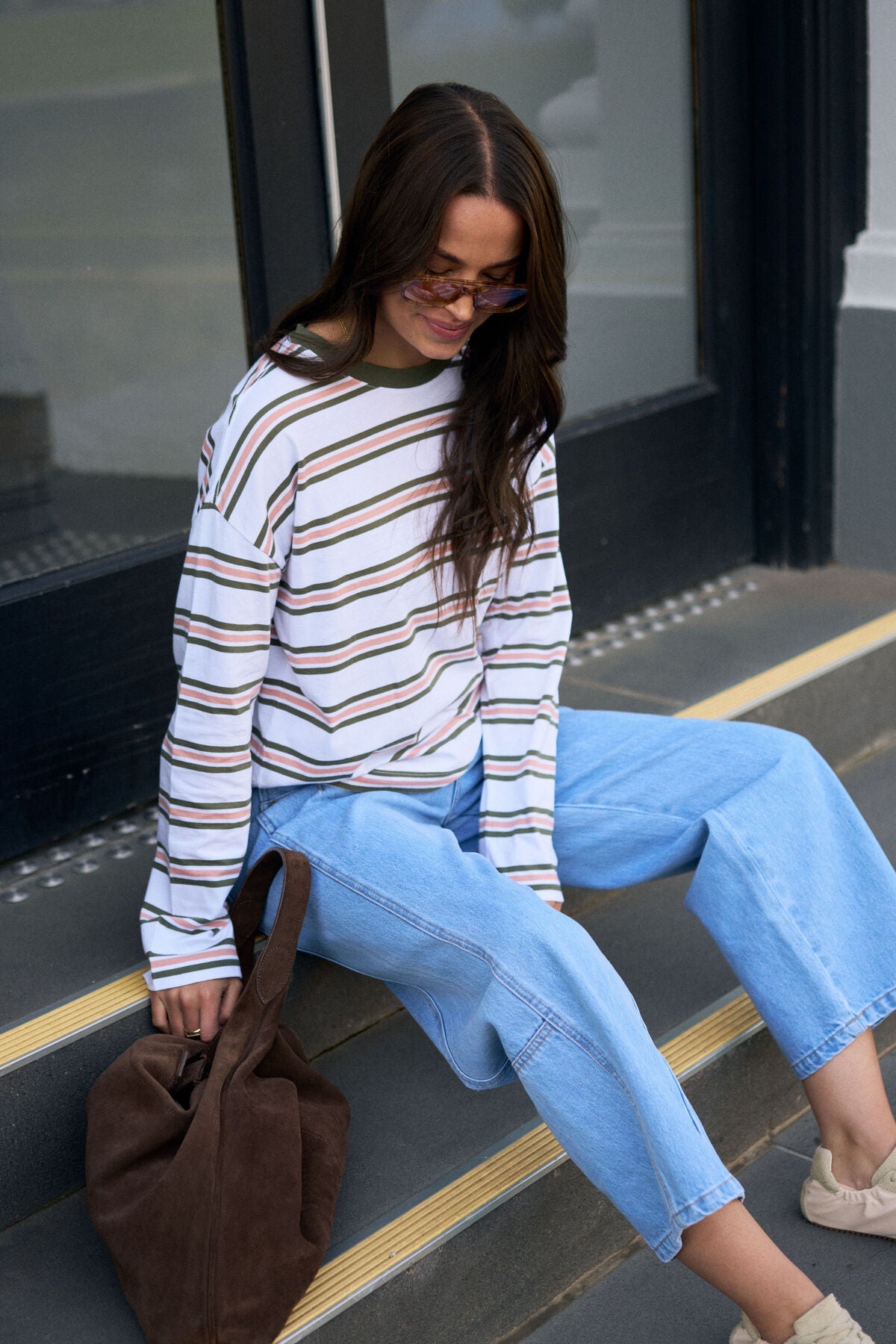 Buy Ceres Life - Scout Slouchy Long Sleeve Tee - white/washed olive stripe by Ceres Life - at Hamish + Grace