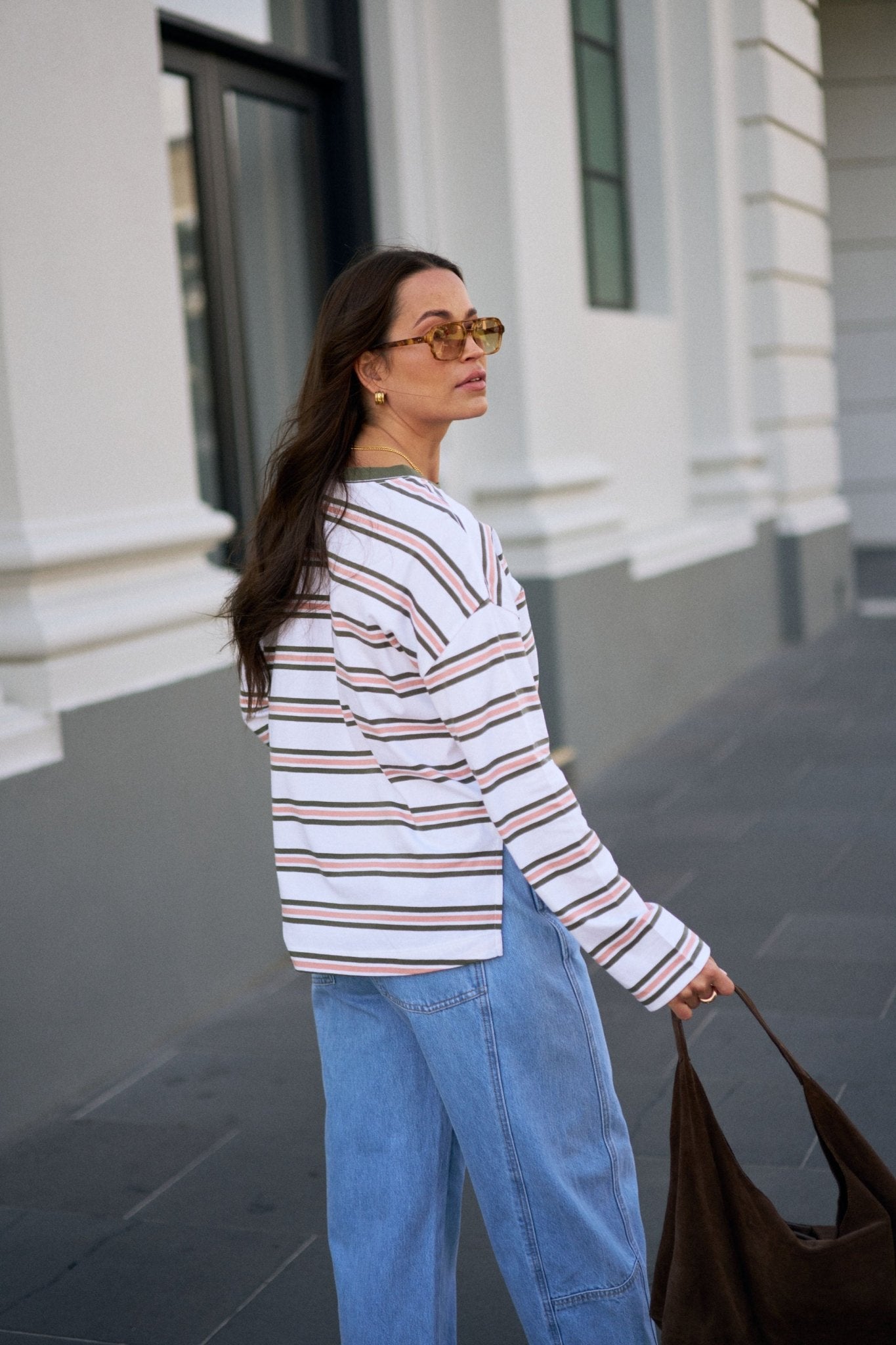 Buy Ceres Life - Scout Slouchy Long Sleeve Tee - white/washed olive stripe by Ceres Life - at Hamish + Grace