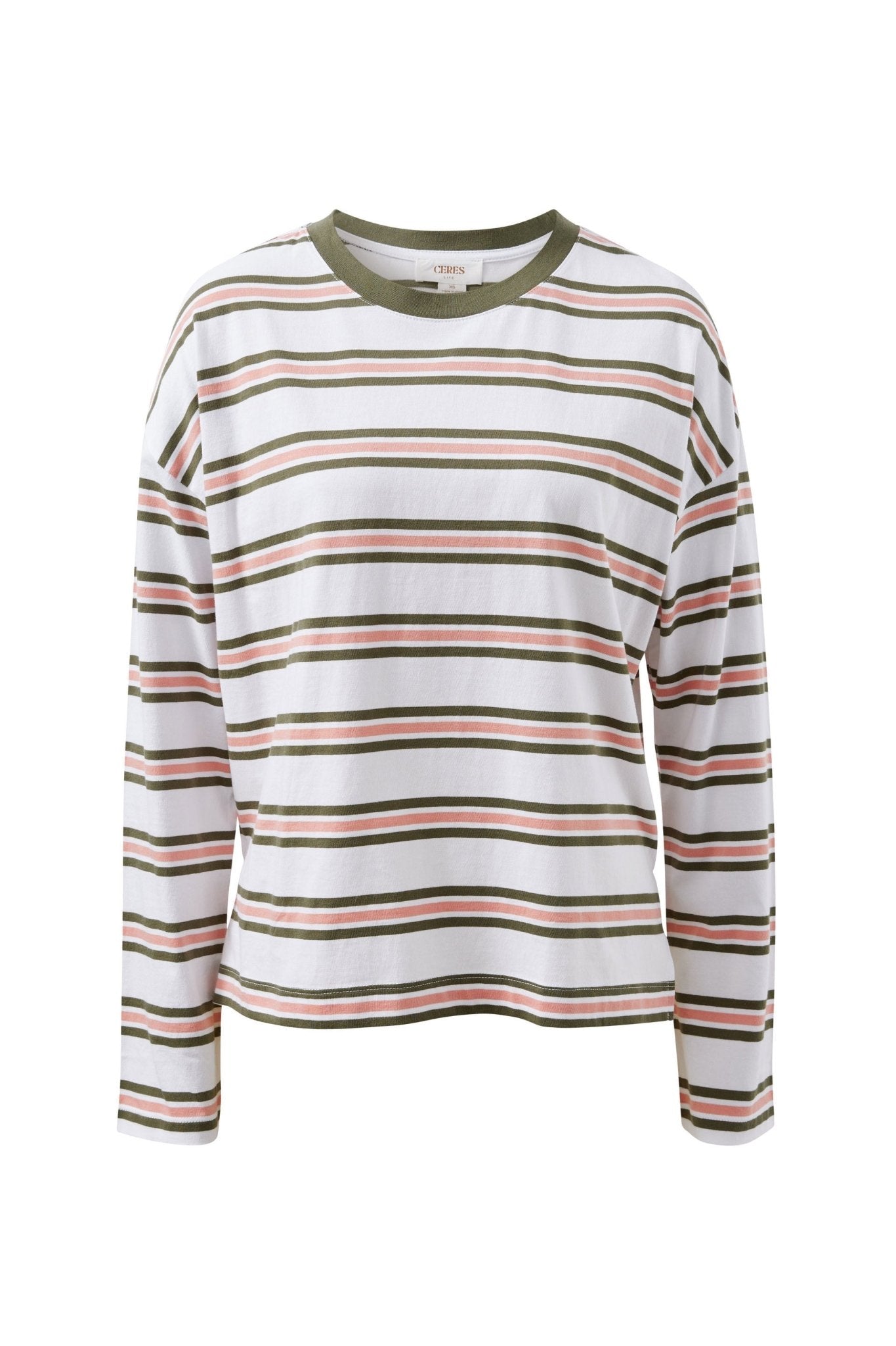 Buy Ceres Life - Scout Slouchy Long Sleeve Tee - white/washed olive stripe by Ceres Life - at Hamish + Grace
