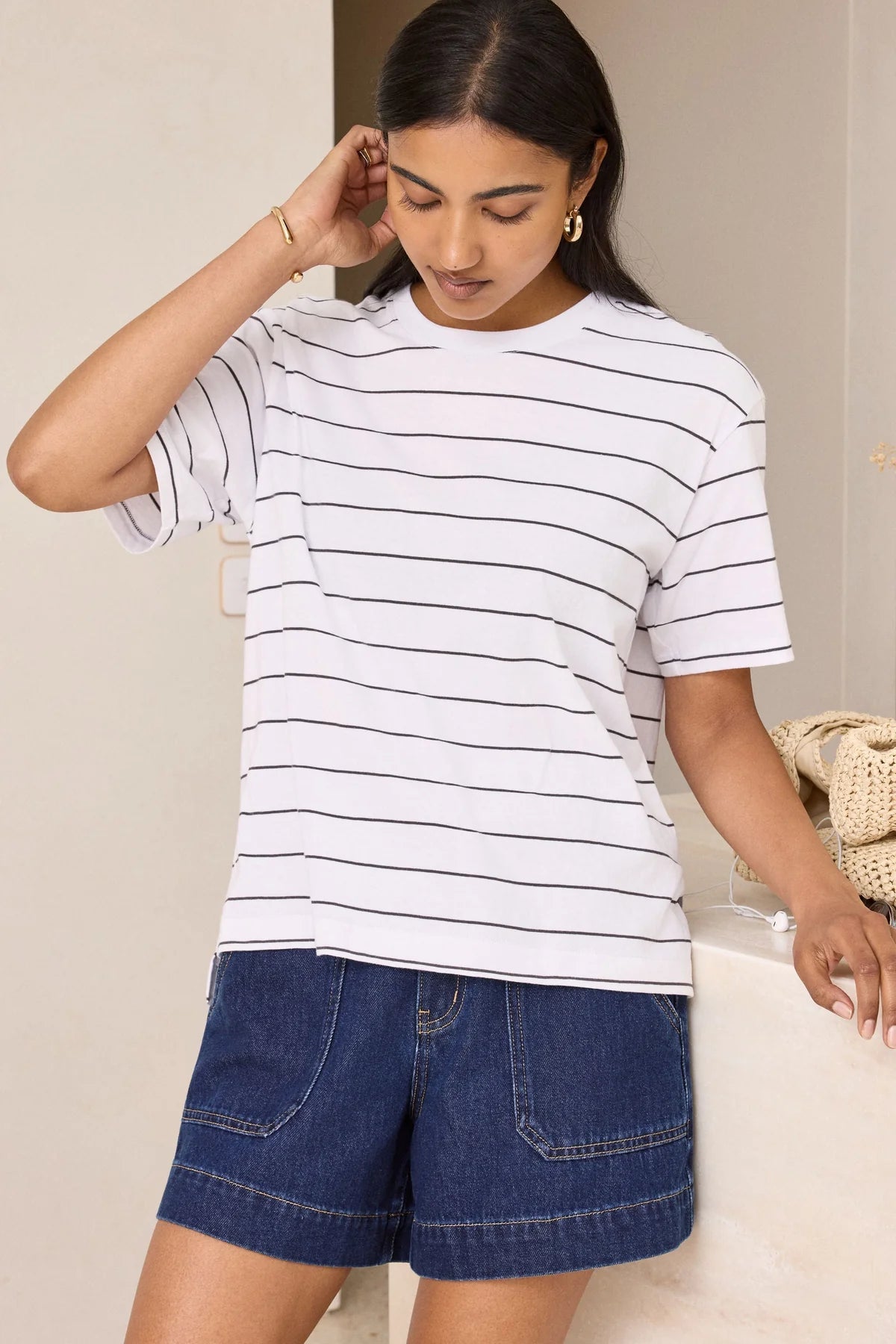 Buy Ceres Life - Stevie Slouchy Tee - white/phantom stripe by Ceres Life - at Hamish + Grace