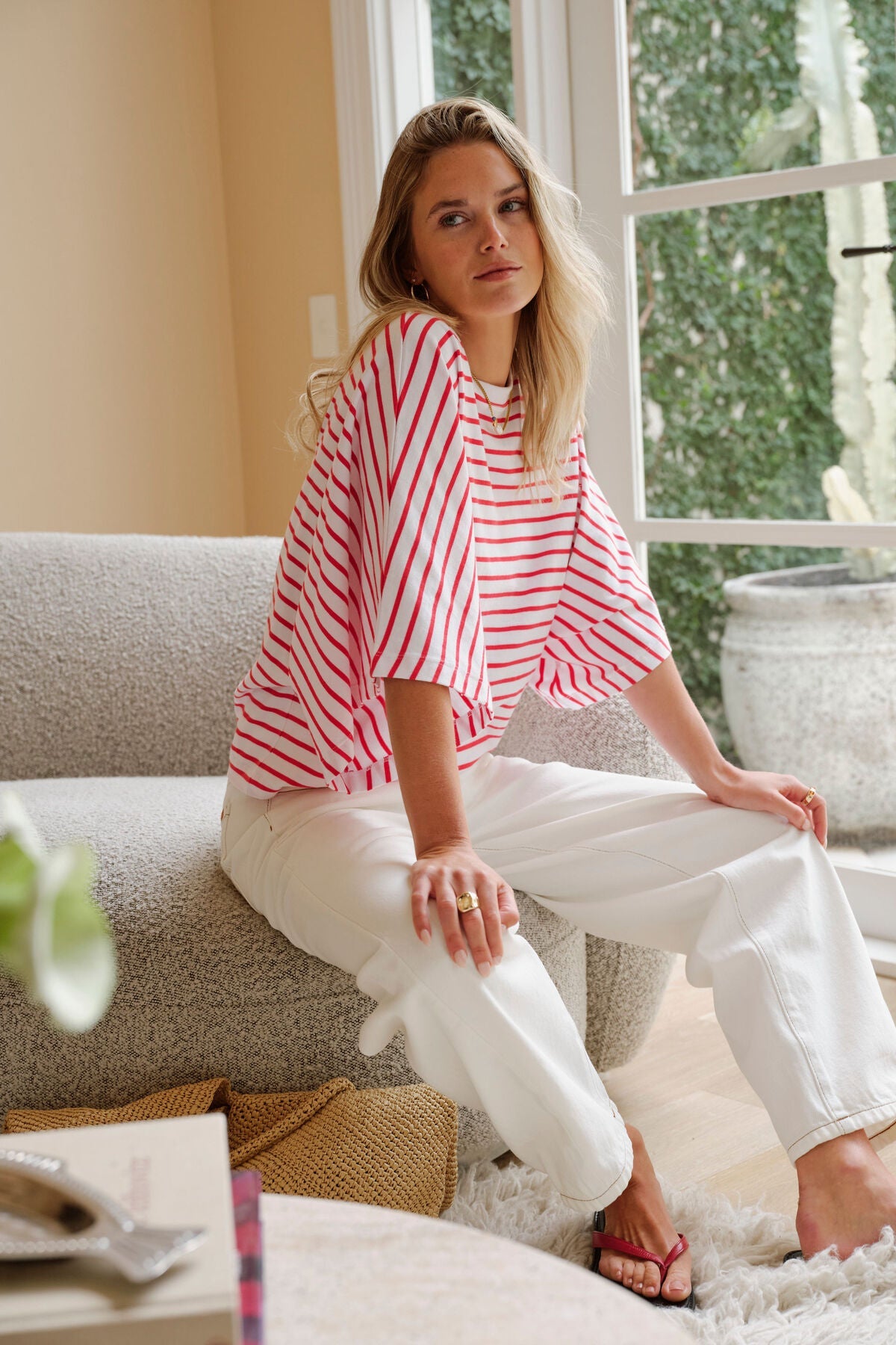 Buy Ceres - Lucy Relaxed Sleeve Tee - white/heritage red stripe by Ceres Life - at Hamish + Grace