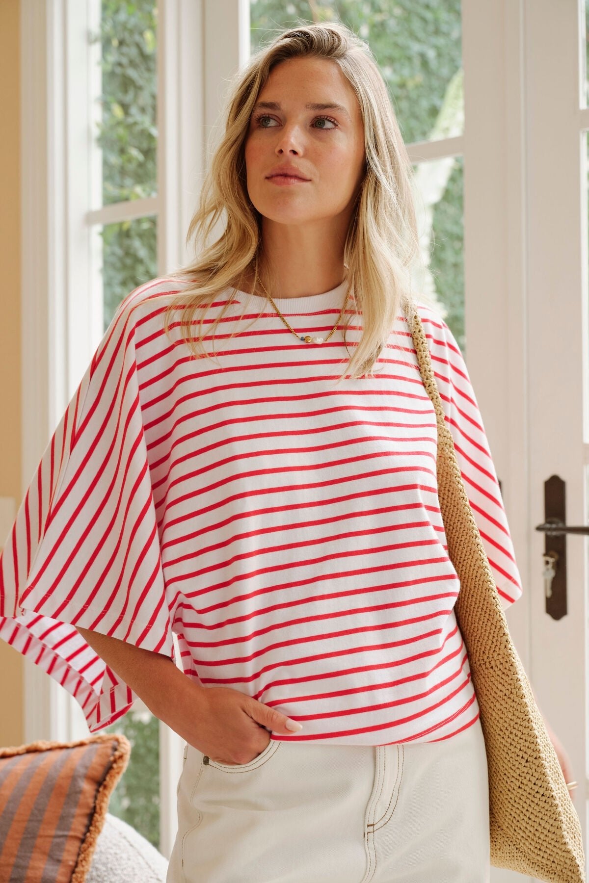 Buy Ceres - Lucy Relaxed Sleeve Tee - white/heritage red stripe by Ceres Life - at Hamish + Grace