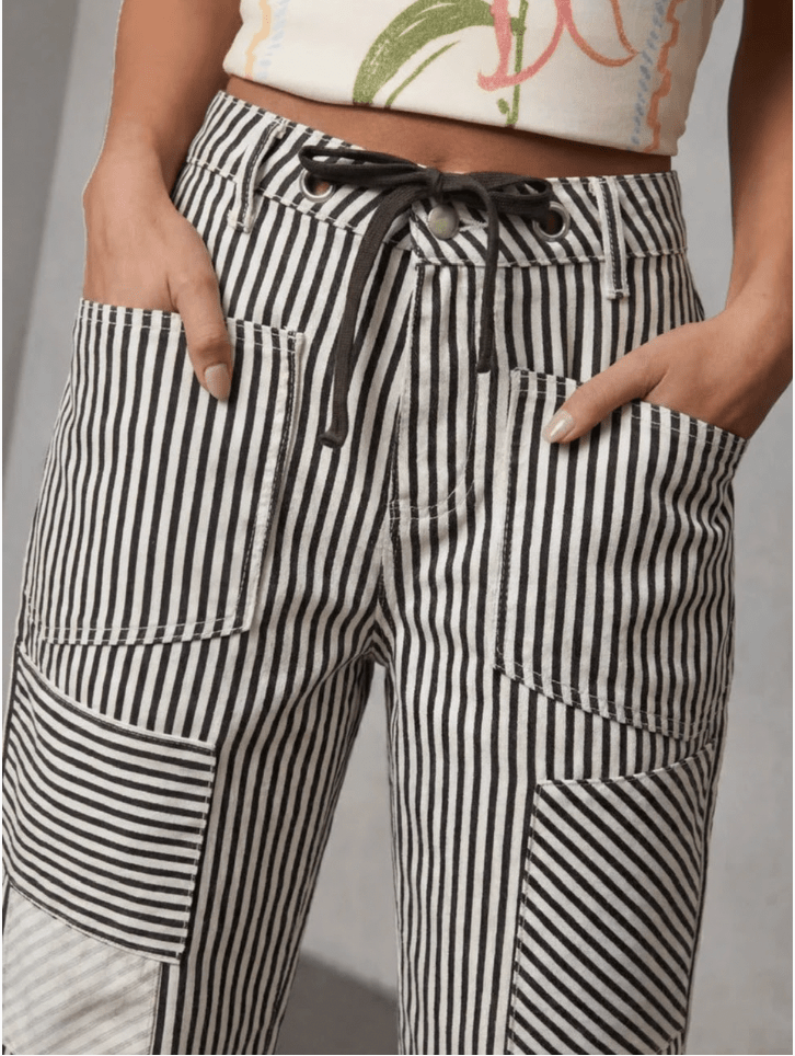 Buy Eyelet Drawstring Patch Stripe Barrel Jean - Chocolate/White by Hamish + Grace - at Hamish + Grace