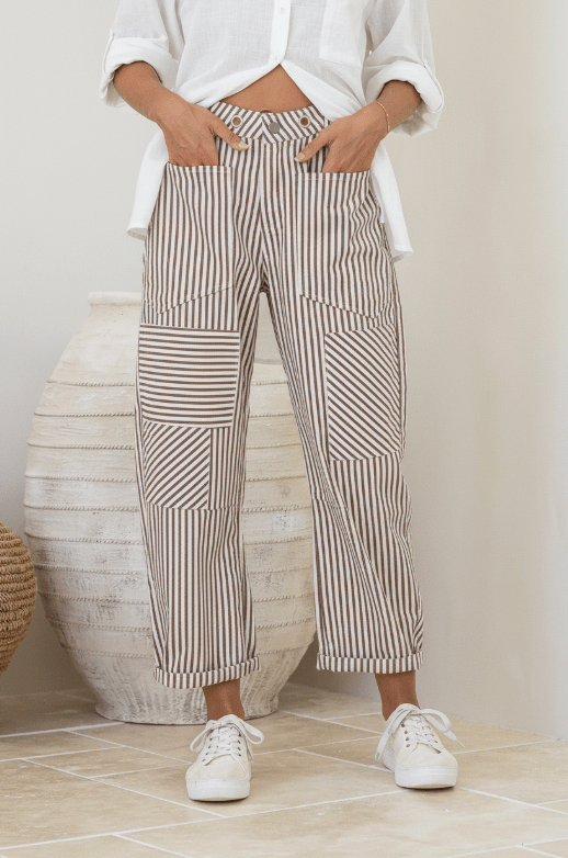 Buy Eyelet Drawstring Patch Stripe Barrel Jean - Chocolate/White by Hamish + Grace - at Hamish + Grace