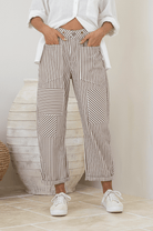 Buy Eyelet Drawstring Patch Stripe Barrel Jean - Chocolate/White by Hamish + Grace - at Hamish + Grace