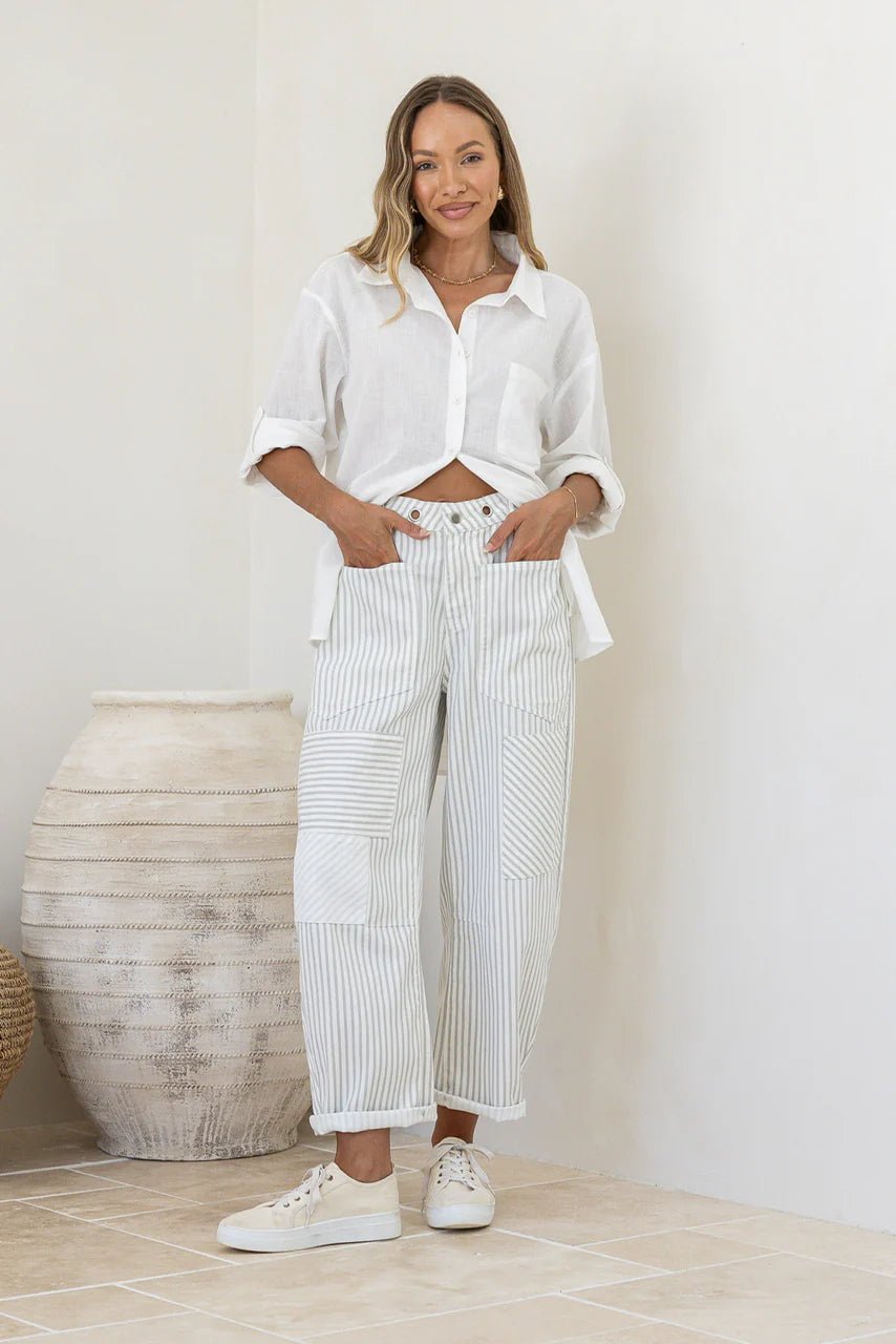 Buy Eyelet Drawstring Patch Stripe Barrel Jean - Latte/White by Hamish + Grace - at Hamish + Grace