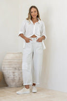 Buy Eyelet Drawstring Patch Stripe Barrel Jean - Latte/White by Hamish + Grace - at Hamish + Grace