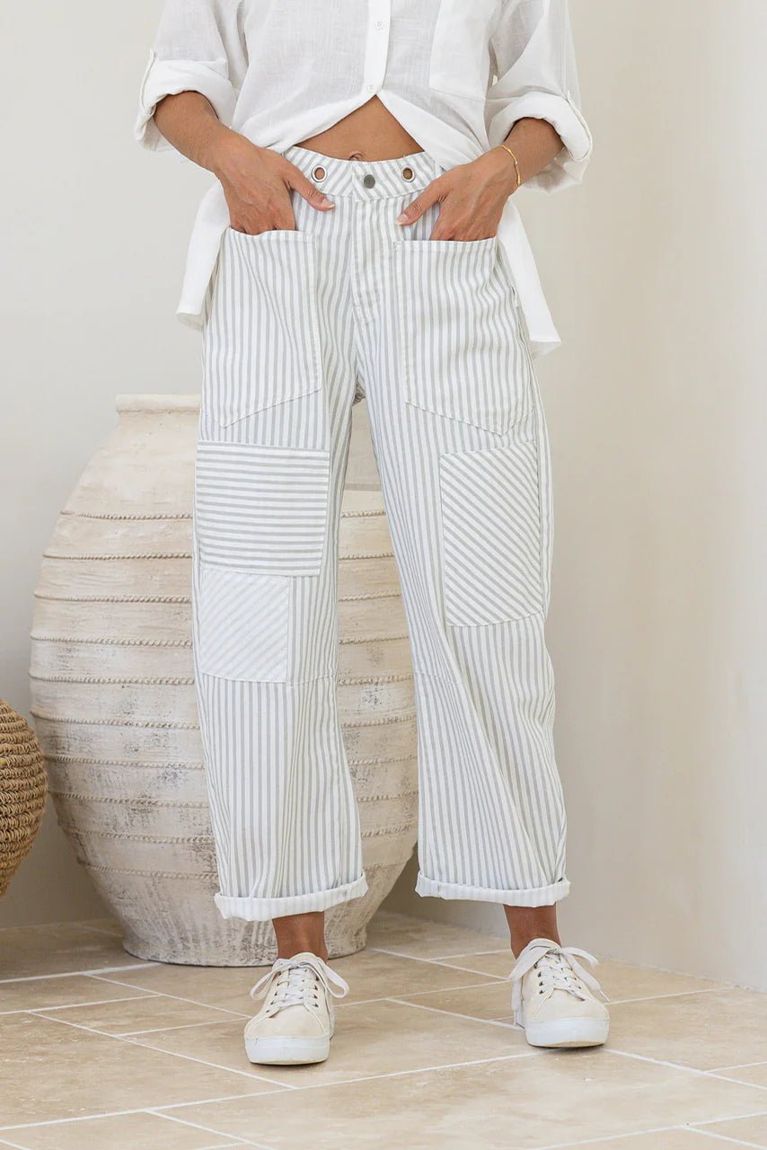 Buy Eyelet Drawstring Patch Stripe Barrel Jean - Latte/White by Hamish + Grace - at Hamish + Grace