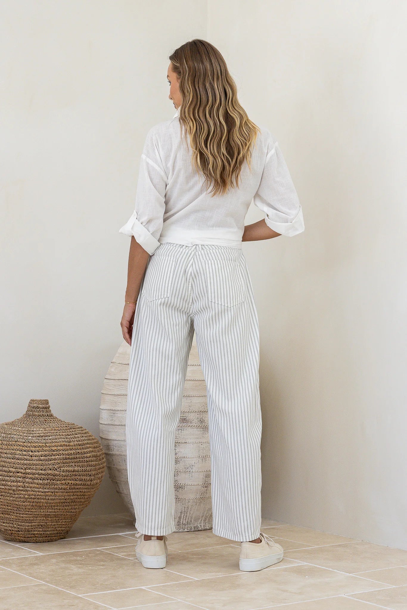 Buy Eyelet Drawstring Patch Stripe Barrel Jean - Latte/White by Hamish + Grace - at Hamish + Grace