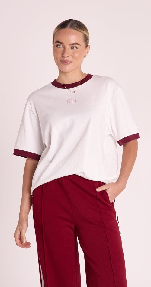 Buy Feather & Noise - Ringer Graphic Tee - White and Maroon by Hamish + Grace - at Hamish + Grace