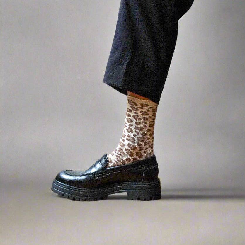 Buy KLUE Glitter Lurex socks in eco - friendly Lyocell | Leopard beige: 36 - 40 by KLUE - at Hamish + Grace