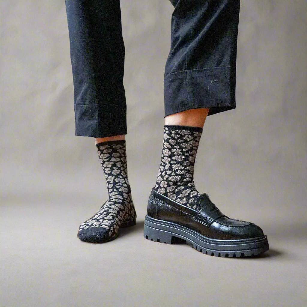 Buy KLUE Glitter Lurex socks in eco - friendly Lyocell | Leopard black: 36 - 40 by KLUE - at Hamish + Grace